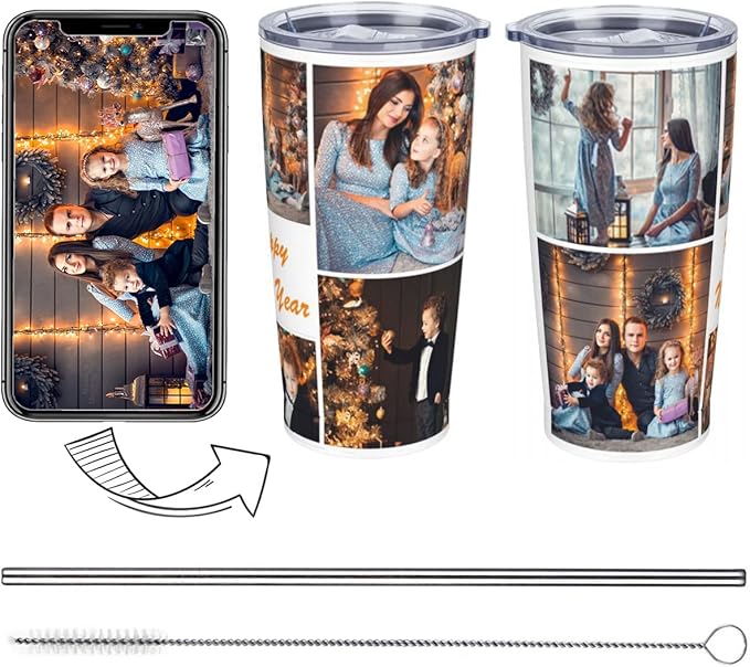 Personalized Custom tumbler Coffee Mug with Lid and Straw Hot and Cold Stainless Steel Vacuum Insulated Travel Mug with Photo Personalized tumbler Gift (20 oz, Funnel, 7 photos)