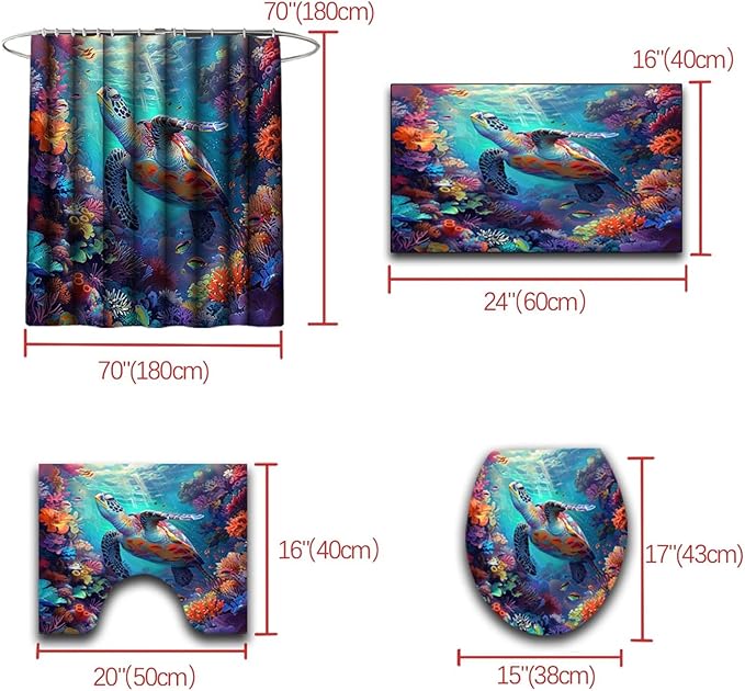 4 Pcs Kids Shower Curtain Set - Sea Turtle Shower Curtain Set Sea Turtle Bathroom Set with Rug,Toilet Cover and Bath Mat with 12 Hooks