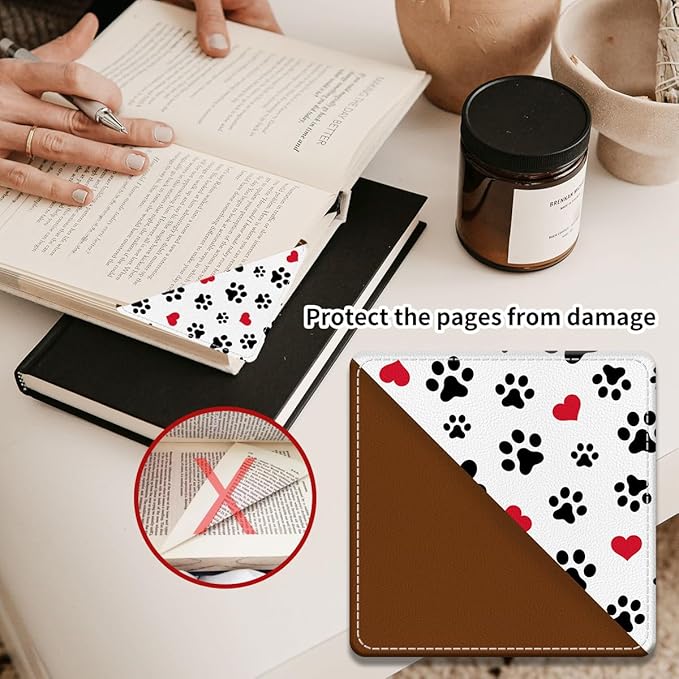 Cute Leather Bookmarks, Fun Triangle Making Corner Bookmark, Book Accessories for Reading Book Lovers, Unbreakable Page Markers for Women Men Cute Dog Paws