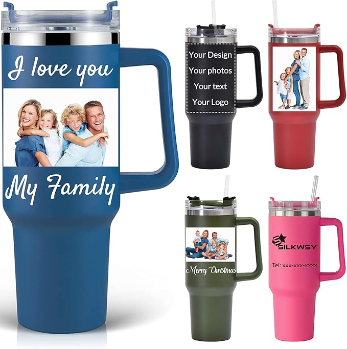 Personalized Tumbler With Handle-Custom 40oz Travel Cup With Lid And Straw-Laser Engraved With Name,Logo,Text,Image-Personalized Gifts For Mom,Dad,Birthday