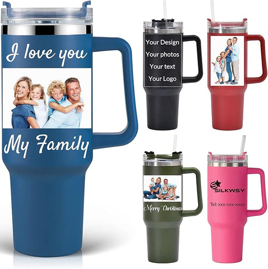 Personalized Tumbler With Handle-Custom 40oz Travel Cup With Lid And Straw-Laser Engraved With Name,Logo,Text,Image-Personalized Gifts For Mom,Dad,Birthday