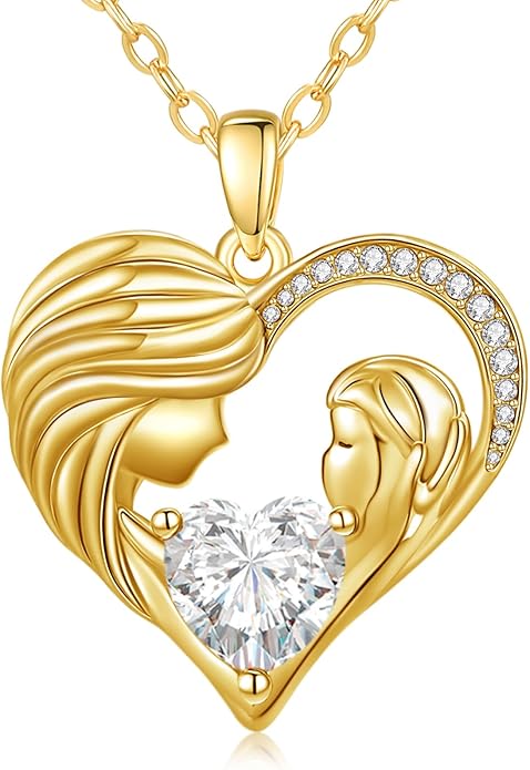Mother and Daughter/Son Love Heart Necklace White Gold/14K Gold/Rose Gold Birthstone Jewelry Christmas Mothers Day Birthday Gifts For Mom Wife Grandma Women