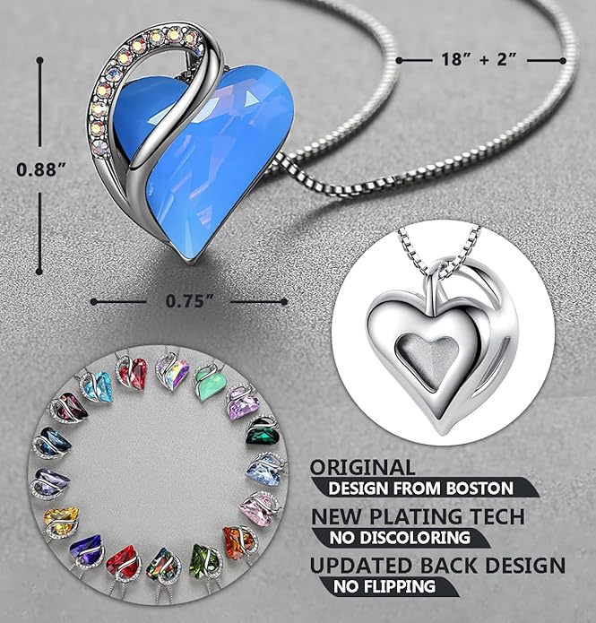 Leafael Valentine's Day Gift Necklaces for Women, Infinity Love Birthstone Heart Crystal Pendant, Birthday Anniversary Jewelry for Wife, Mom, and Her, Silver Plated, 18" + 2" Adjustable Chain