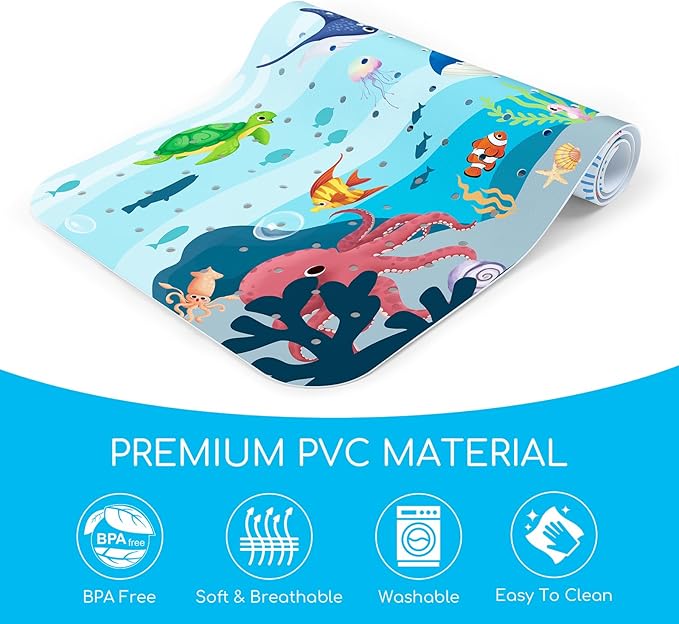Baby Bath Mat for Tub, Non Slip Kids Bath Shower Mat, 40 X 16 Inch Large Bathtub Mat with Drain Holes and Suction Cups for Toddlers, Machine Washable and Waterproof (Whale)