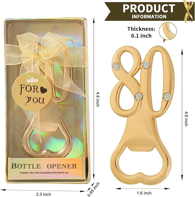24 pcs gold themed 80th birthday bottle openers favored for anniversary wedding party gifts, 80th birthday party souvenirs or party decorations (Gold, 80 style)