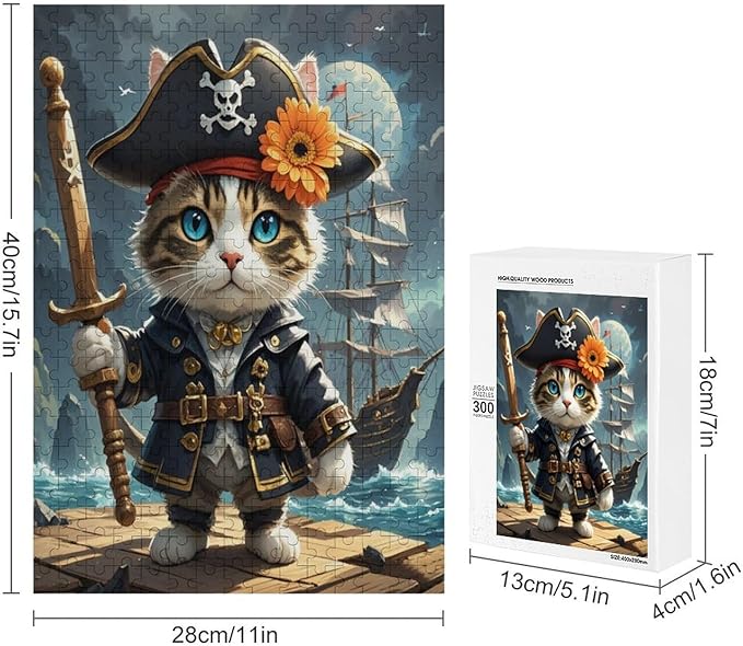Wooden Puzzle - Classic Pirate Cat Leader Jigsaw Puzzles，Wooden Puzzles for Adults 300 Pieces Challenge Puzzles，Educational Games，Family Puzzles，Unique Gifts for Wall Art