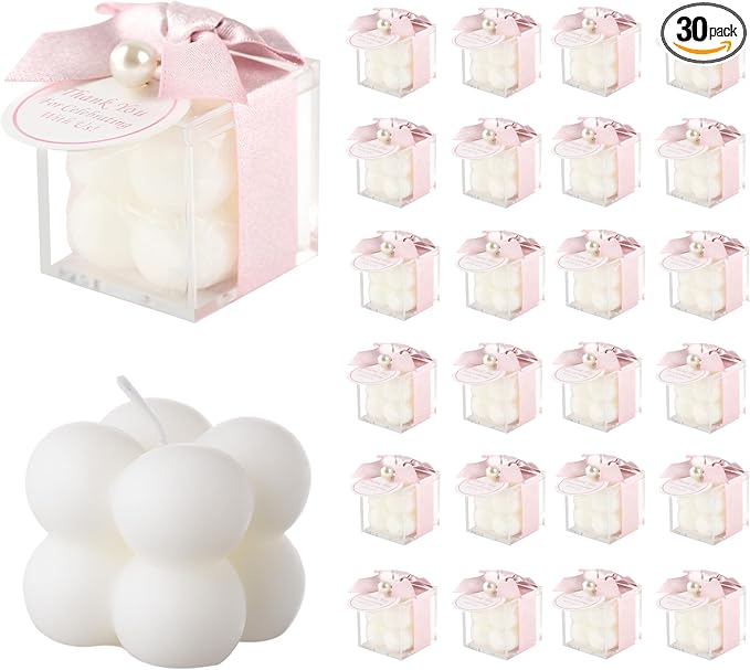 ACITHGL 30 Sets Small Bubble Candle Wedding Candles Favors for Guests Bulk Bridal Shower Favors Candles with Stylish Ribbons Thank You Cards Gifts (Shimmering Pink)