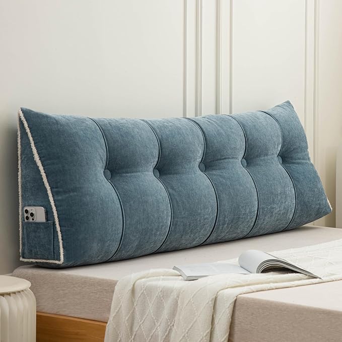 Headboard Pillow Queen, Chenille Triangular Wedge Pillow Headboard Queen Size, Reading Setting Backrest Daybed Pillows for Sofa Bed with Removable Cover, Blue