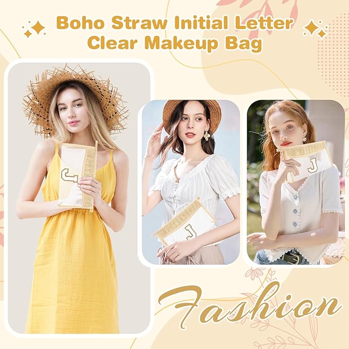 Personalized Initial Letter Bag Boho Straw Clear Makeup Bag,Small Cute Chenille Varsity Letter Pouch With Zipper,Beach Travel Toiletry,Portable Monogrammed Cosmetic Bag for Women Girls,J