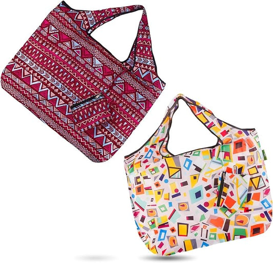 ECO CHIC Foldable Reusable Large Recycled Grocery Bags Lightweight Shopping Tote Bags with Storage Pouch - Collection of 4 bags