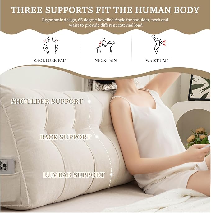Headboard Pillow Queen, Chenille Triangular Wedge Pillow Headboard Queen Size, Reading Setting Backrest Daybed Pillows for Sofa Bed with Removable Cover, Beige