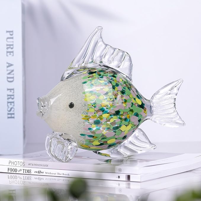 Green Blown Glass Fish Figurine – Handcrafted Art Animal Sculpture, Ocean Coastal Home Decor, Elegant Glass Fish Ornament for Tabletop or Bookshelf Display (D)