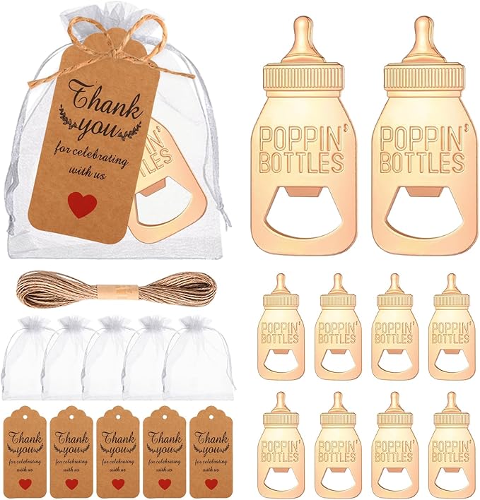 50Pcs Popping Bottle Openers Baby Shower Party Favors For Guests Baby Shower Return Favors Baby Bottle Shaped Bottle Opener Baby Shower Souvenirs With Organza Bags Thank You Cards, small, Gold