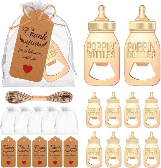 50Pcs Popping Bottle Openers Baby Shower Party Favors For Guests Baby Shower Return Favors Baby Bottle Shaped Bottle Opener Baby Shower Souvenirs With Organza Bags Thank You Cards, small, Gold
