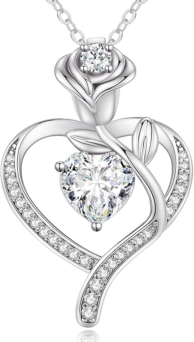 LOUISA SECRET Rose Flower Heart Birthstone Necklaces for Women, 925 Sterling Silver Fine Jewelry, Pendant Heart Necklaces Birthday Anniversary Christmas Gift for Women Wife Mom Girlfriend Lady