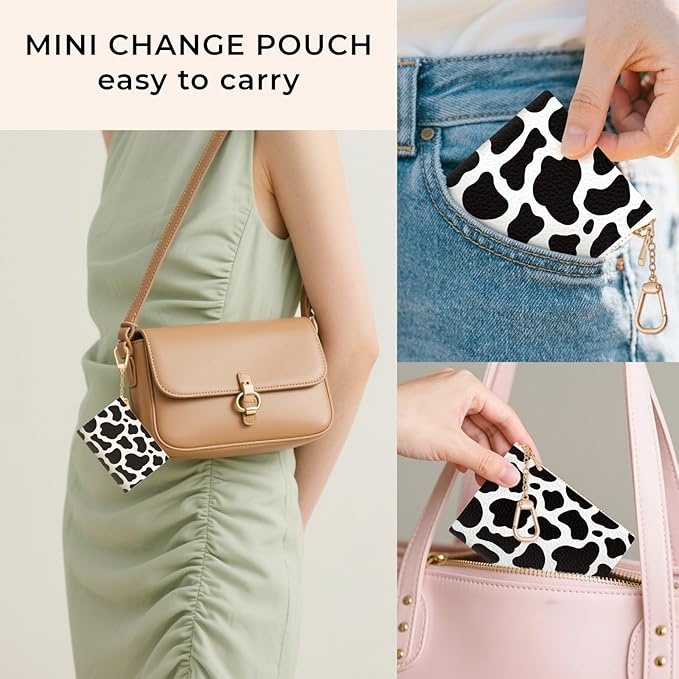 Cow Keychain Coin Purse for Women, Small PU Leather Change Pouch, Zipper Little Tiny Travel Wallet for Girls, Cute Kawaii Zip Pocket Coin Holder with Key Ring