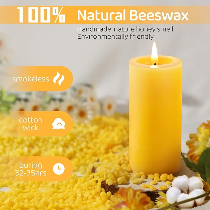 6 Pack Natural Beeswax Pillar Candles,100% Pure Beeswax Candles-210 Hours Long Burning,Organic Bees Wax Candles for Home,Paryer,Parties,Unscented Dripless Smokeless Beeswax Candle Bulk 2x4in