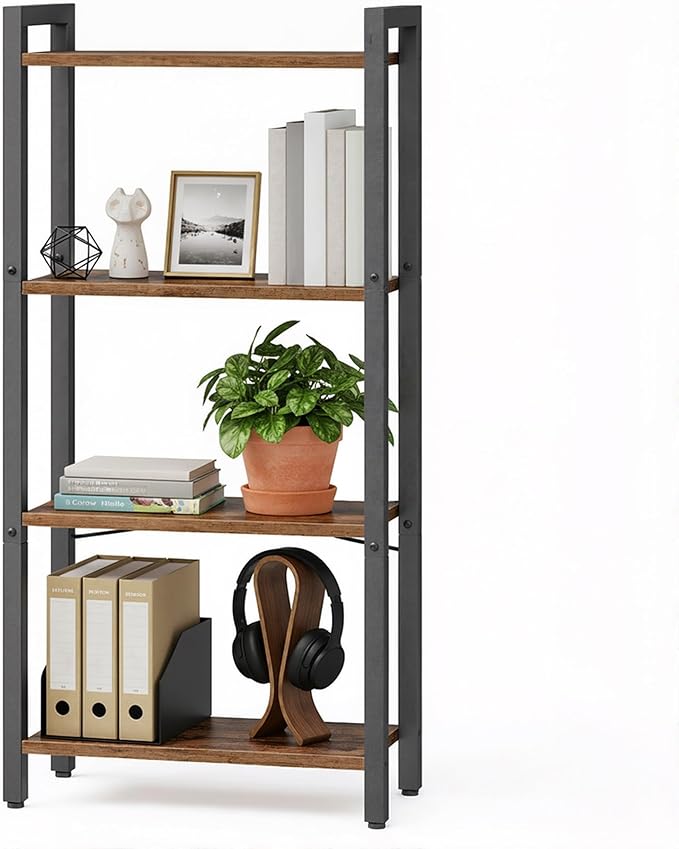 VASAGLE 4-Tier Bookshelf, Bookcase with Steel Frame, Book Shelf for Living Room, Home Office, Study, 9.4 x 15.7 x 42 Inches, Industrial Style, Rustic Brown and Ink Black ULLS099B01