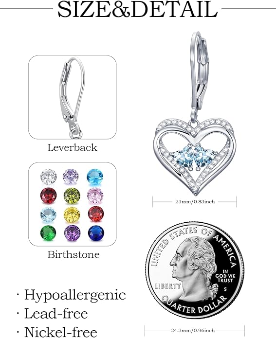 Heart Leverback Earrings Double Birthstone Dangle Earrings for Women, Love Jewelry for Her, Christmas Gifts for Women, Anniversary Birthday Gift for Mom Wife Girlfriend