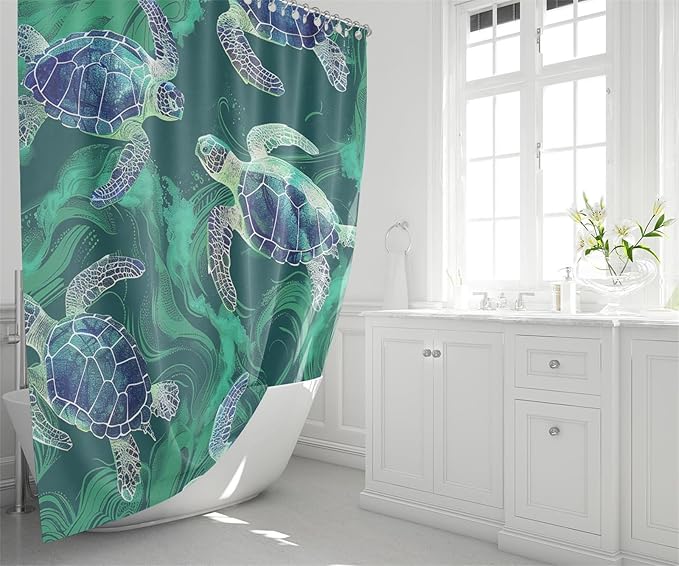 4 Pcs Turtle Shower Curtain - Ocean World Shower Curtain for Bathroom Ocean Shower Curtains Turtle Shower Curtain Set with Rug,Toilet Cover and Bath Mat with 12 Hooks