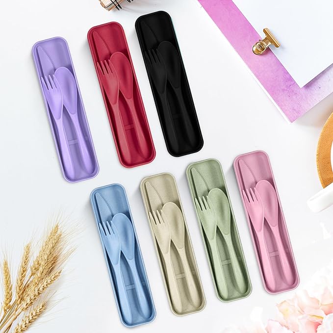Yahenda 28 Set Reusable Travel Utensils Set with Case Wheat Straw Cutlery Portable Spoon Knife Fork Plastic Tableware Lunch Box Accessories Bulk for Adult Travel Picnic Camping Utensil(Assorted Color)