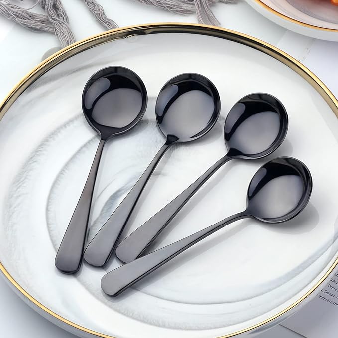 Buyer Star 8 Pieces Stainless Steel Round Soup Spoon, 6.3 Inch Mirror Polished Spoon Cutlery, Dishwasher Safe (Black)
