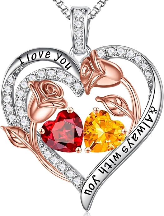 Iefil Valentines Day Gifts for Her - 925 Sterling Silver Rose Heart Birthstone Necklace Birthday Anniversary Jewelry Gifts for Her Wife Mom Daughter