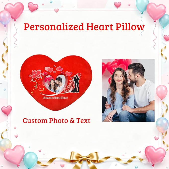 Custom Heart Pillow with Photo Name, Personalized Heart Pillows Decorative Throw Pillows as Valentine Pillow Personalized Gifts for Women Men Kids Family on Valentines Day Anniversary