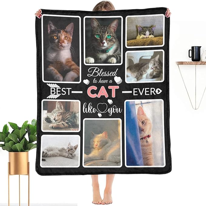 Custom Blanket Gifts for Cat, Customized Blankets with Photos, Make a Personalized Bed Throws to My Cat, Custom Souvenir Throw Blanket for Best Cat Ever, 8 Collages Made in USA