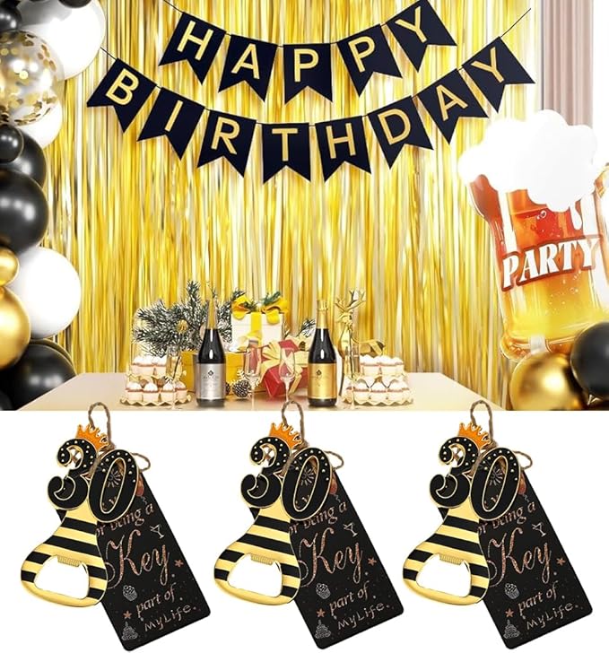 24pcs 30th Gold Keychain Bottle Opener 30th Birthday Party Favors, Keychain Beer Bottle Opener Favors 30 Anniversary Souvenirs Return Gifts for Guests Party Decor Supplies (black 30)