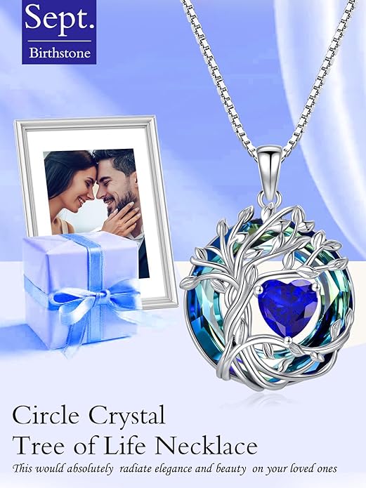 TOUPOP Tree of Life Birthstone Necklace 925 Sterling Silver Pendant Austrian Crystal Jewelry Anniversary Valentine's Day Birthday Gifts for Women Mom Her Wife