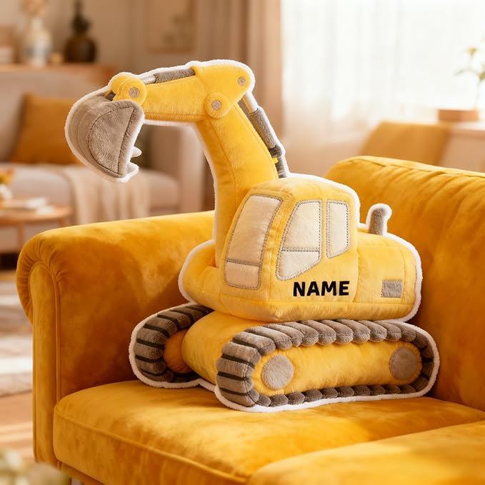 Personalized Excavator Shaped Pillow, Custom Name Plush Stuffed Pillows, Suitable for Beds, Sofas, Bedrooms, Living Rooms Custom Decorative Cushion Gifts for Birthday and Anniversary
