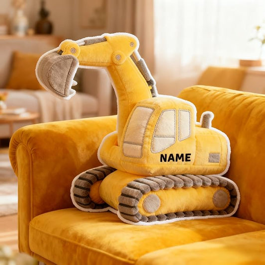 Personalized Excavator Shaped Pillow, Custom Name Plush Stuffed Pillows, Suitable for Beds, Sofas, Bedrooms, Living Rooms Custom Decorative Cushion Gifts for Birthday and Anniversary