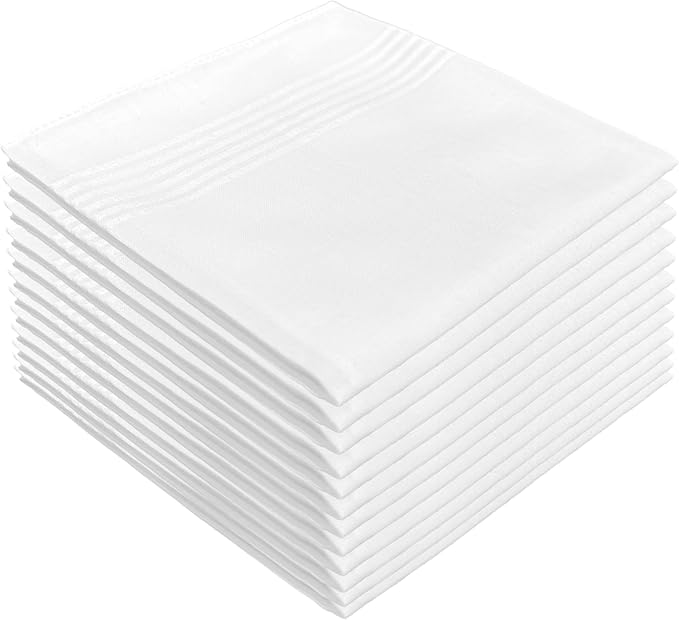 Mens White Handkerchief with Stripe,16" by 16” Soft Hankies (White 12)