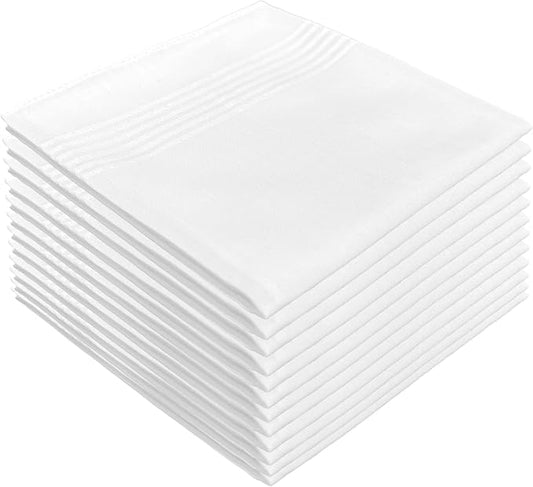 Mens White Handkerchief with Stripe,16" by 16” Soft Hankies (White 12)