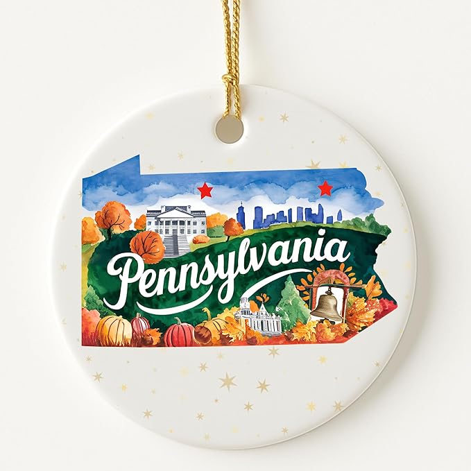 USA State Landmark Ceramic Ornament – Round Glossy Christmas Decoration Featuring U.S. State Art, Landmarks & Holiday Scenery – Collectible Travel Souvenir Ornament Series (Pennsylvania)