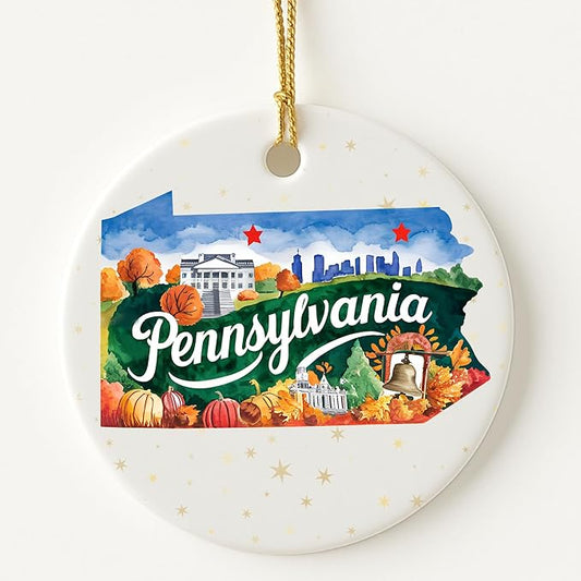 USA State Landmark Ceramic Ornament – Round Glossy Christmas Decoration Featuring U.S. State Art, Landmarks & Holiday Scenery – Collectible Travel Souvenir Ornament Series (Pennsylvania)