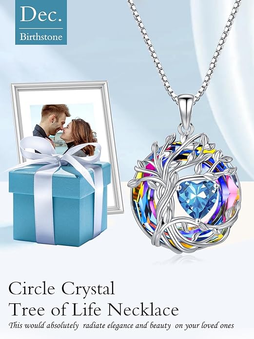 TOUPOP Tree of Life Birthstone Necklace 925 Sterling Silver Pendant Austrian Crystal Jewelry Anniversary Valentine's Day Birthday Gifts for Women Mom Her Wife