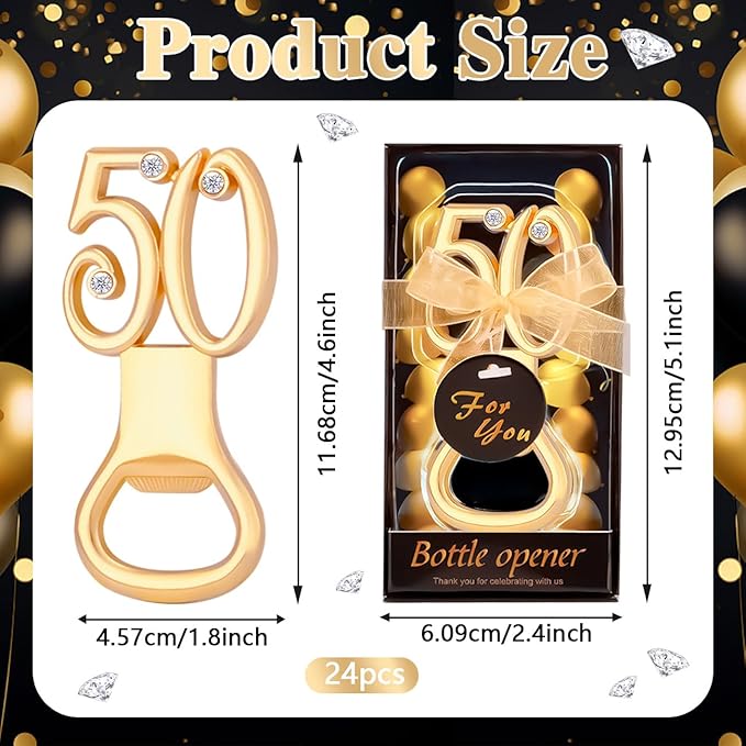 TEADZ 24PCS Gold Zinc Alloy Bottle Opener for 50th Birthday Party Favors & Decorations
