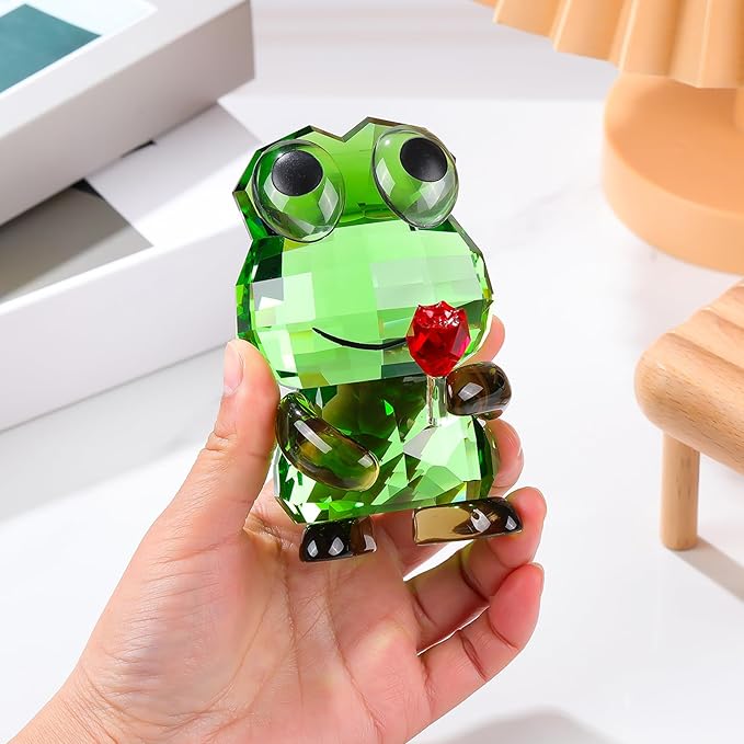 Crystal Frog Hold a Red Rose Figurine Gifts for Women - Funny Lucky Frog Animal Glass Ornament for Home Office Patio Tabletop Decor Housewarming Gift