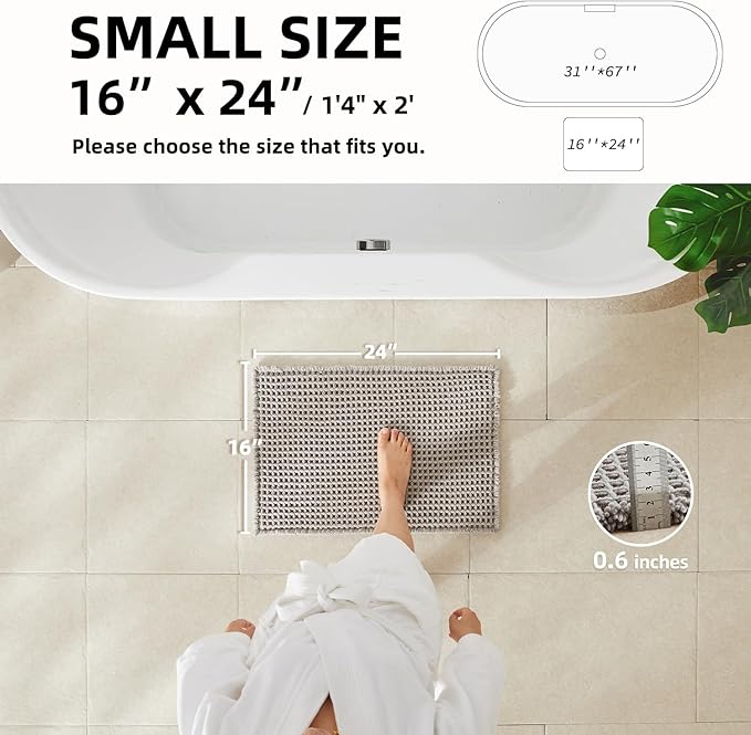 Waffle Bath Mat, Boho Bathroom Rugs Non Slip Washable Super Absorbent Quick Dry Bath Mat Farmhouse Bathroom Decor, 24"x16" Light Grey