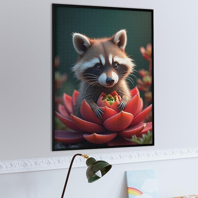 Puzzles for Adults 1000 Pieces Wooden Jigsaw Puzzle - Succulent & Cute Raccoon Theme Puzzle，Party Games，Family Toys，Educational Puzzles，Stress Relief Wooden Puzzle，Gifts for Family and Friends