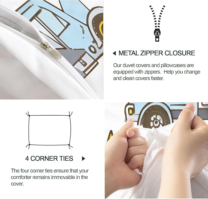 Cartoon Excavator Truck Duvet Cover Oversized King Construction Vehicles Bedding Set Forest Road Construction Comforter Set Hand-Drawn Kids Engineering Vehicle Quilt Cover With Zipper Ties for Bedroom