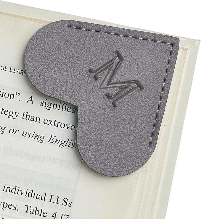 MOTEERLLU Personalized Leather Heart Bookmark with Initial, Cute Letters Custom Corner Book Mark for Reading Women, Teacher, Student, Book Lovers Gifts, Book Accessories (Grey, M)