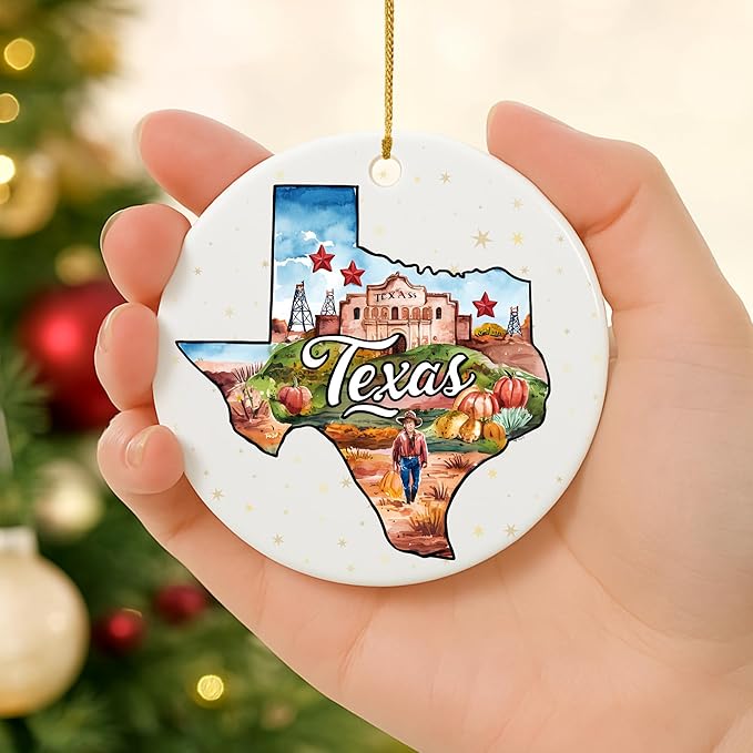 USA State Landmark Ceramic Ornament – Round Glossy Christmas Decoration Featuring U.S. State Art, Landmarks & Holiday Scenery – Collectible Travel Souvenir Ornament Series (Texas)