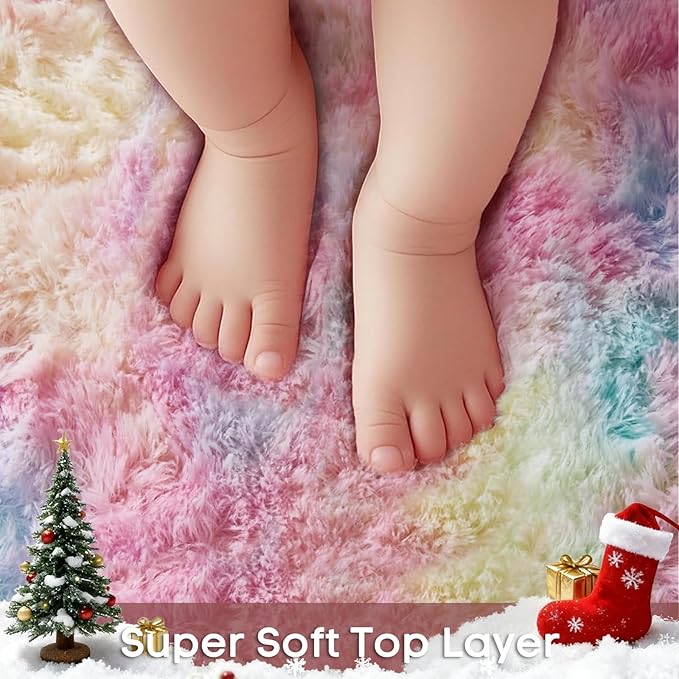Ophanie Round Rug 6Ft Rainbow Circle Area Rug, Cute Room Decor for Teen Girls, Fluffy Fuzzy Bedroom Carpet, Plush Soft Shaggy Living Room Rugs for Kids Home Decor Aesthetic, Nursery