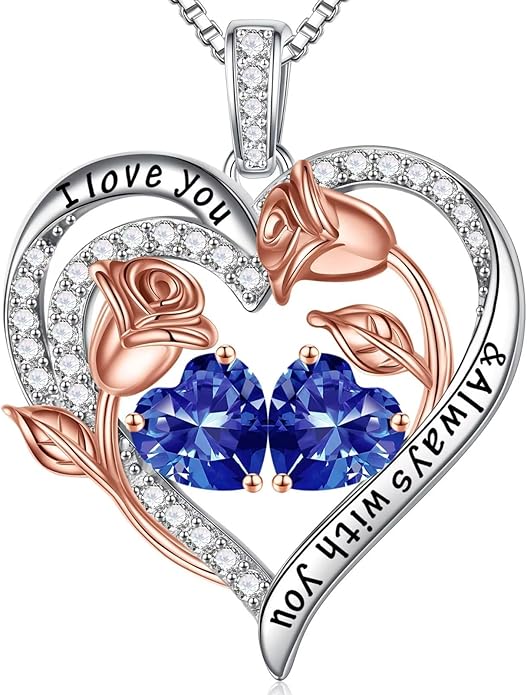 Iefil Valentines Day Gifts for Her - 925 Sterling Silver Rose Heart Birthstone Necklace Birthday Anniversary Jewelry Gifts for Her Wife Mom Daughter