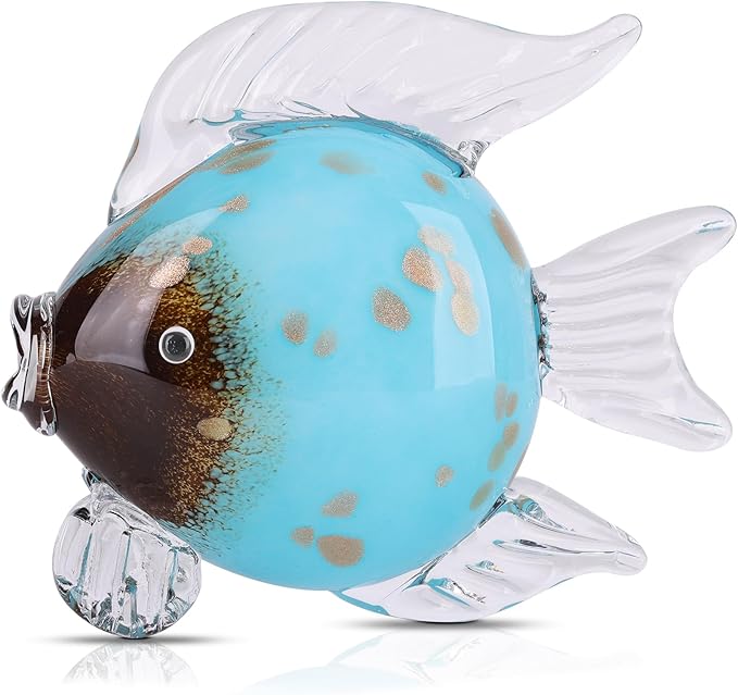 Large Glass Fish Figurines Hand Blown Glass Fish Statue and Sculpture Home Decor, Murano Animal Tropical Sea Glass Paperweights for Desk, Glass Aquarium Coastal Beach Decorative (Light Blue)