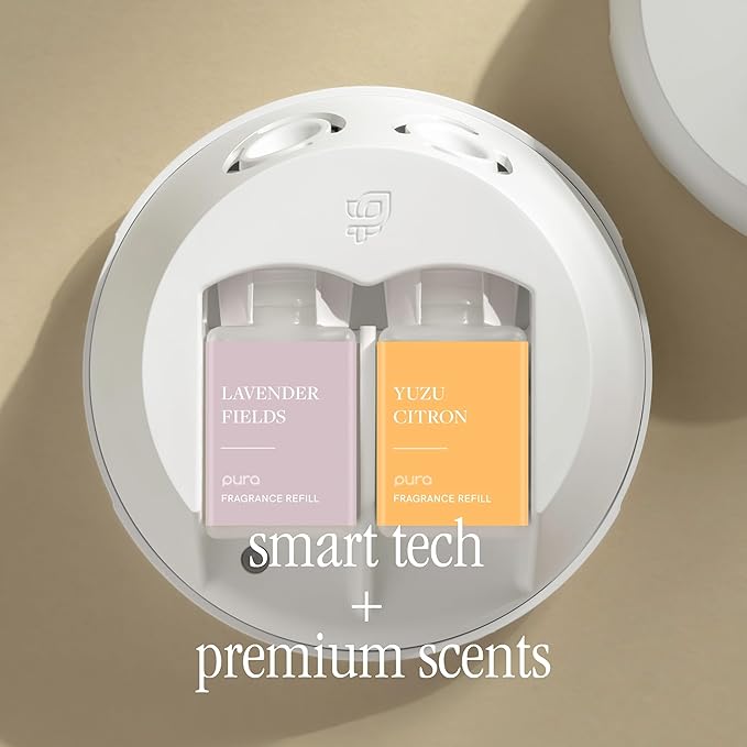 Pura - Smart Home Fragrance Device Starter Set - Pura 4 - Scent Diffuser for Home - Includes Fragrance Aroma Diffuser - Square Box, Lavender Fields and Yuzu Citron Scent Refills