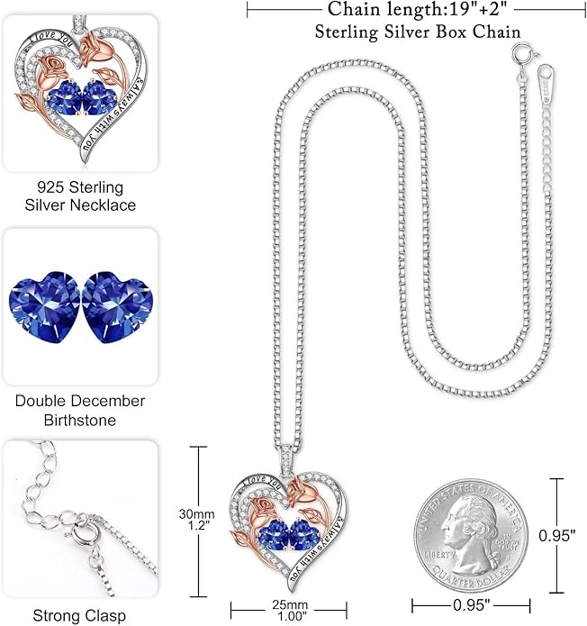 Iefil Valentines Day Gifts for Her - 925 Sterling Silver Rose Heart Birthstone Necklace Birthday Anniversary Jewelry Gifts for Her Wife Mom Daughter